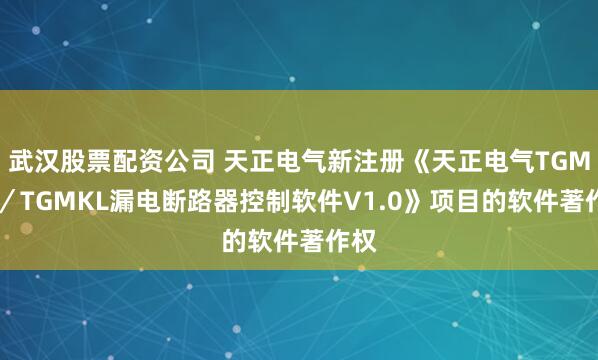 武汉股票配资公司 天正电气新注册《天正电气TGMGL／TGMKL漏电断路器控制软件V1.0》项目的软件著作权